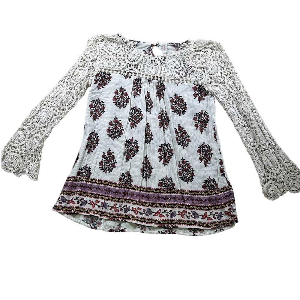 Xhilaration Blouse S Floral Crochet Lace Bell Sleeve Edwardian Romantic Boho